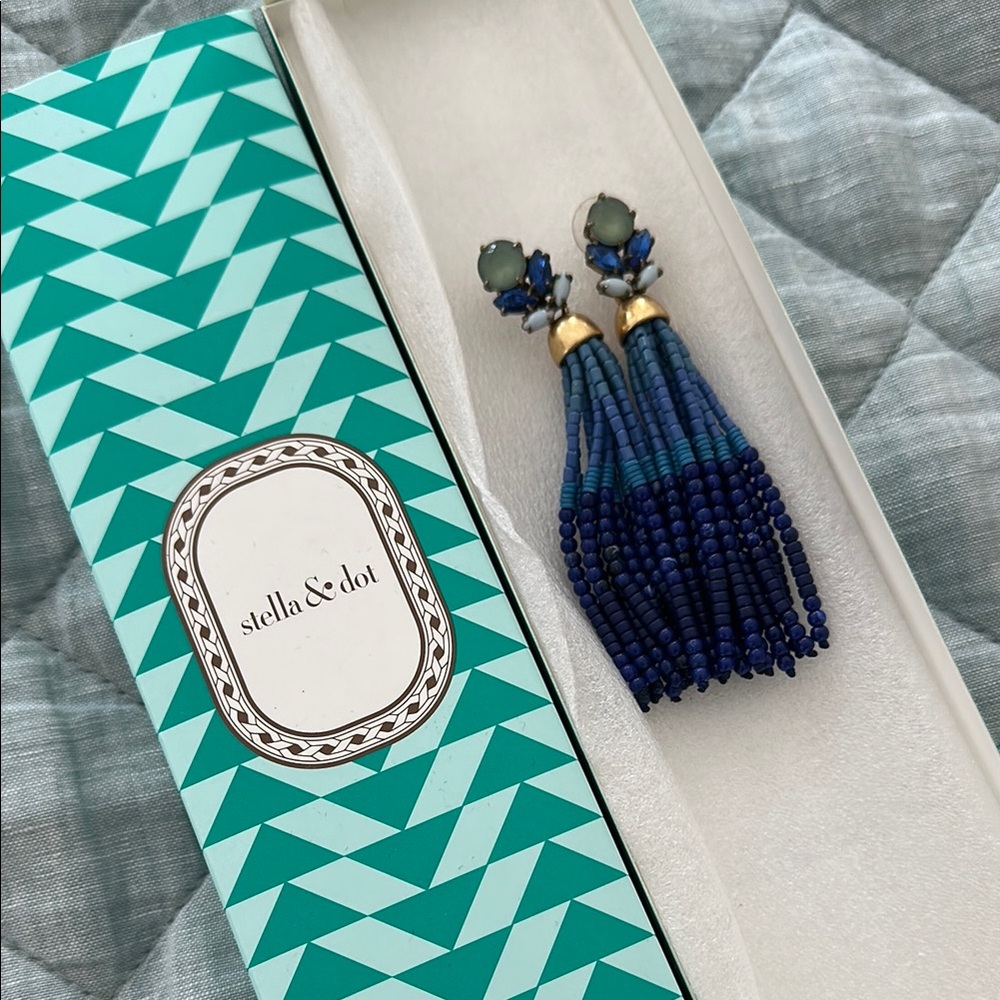 Stella & Dot Blue Beaded Tassel Earrings